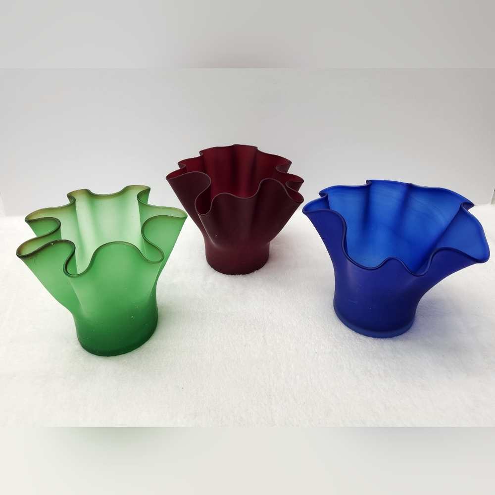 Vintage Set of Three Ruffled Glass Vases in Green, Red/ Morron, and Blue.